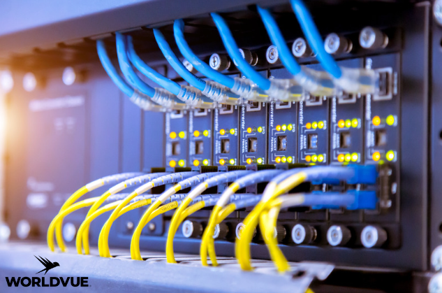 cabling connected to equipment, with WorldVue logo in corner